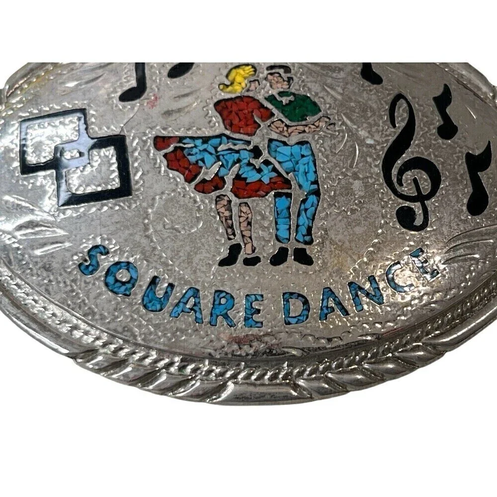 Vtg Square Dance Music Notes Rare inlaid Turquoise Enamel Couple SSI Belt Buckle